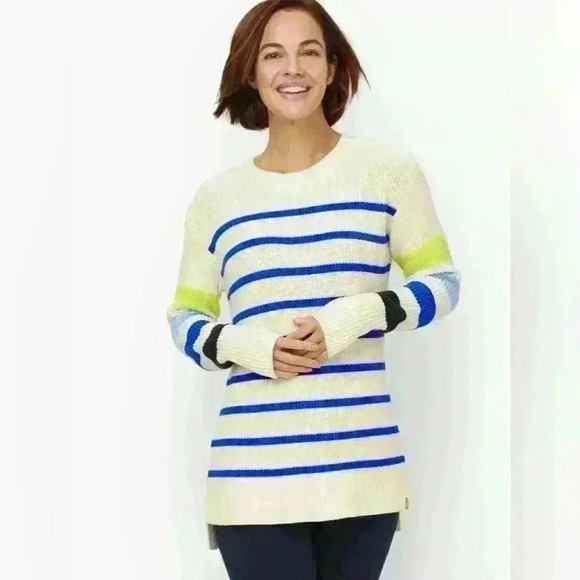 T by Talbots MULTI STRIPE CREWNECK HIGH-LOW Sweater size medium. NWOT - Picture 1 of 8